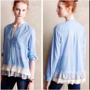 Anthropologie Holding Horses shirt blue ruffle hem button down crochet
